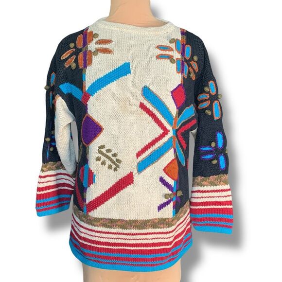 Vintage 90s Abstract Knit Sweater Bold Graphic Oversized Red Stripe Large Weave - Picture 1 of 11